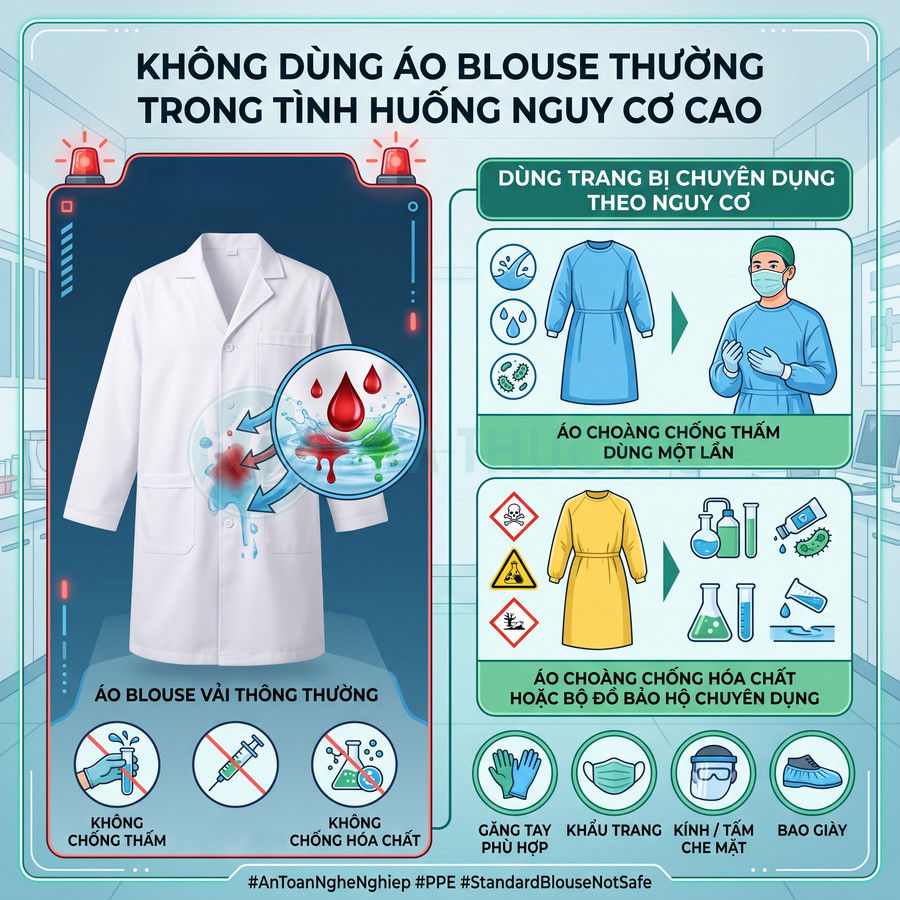 Áo blouse vải thông thường và áo choàng chống thấm, chống hóa chất cùng găng tay, khẩu trang, kính bảo hộ trong y tế